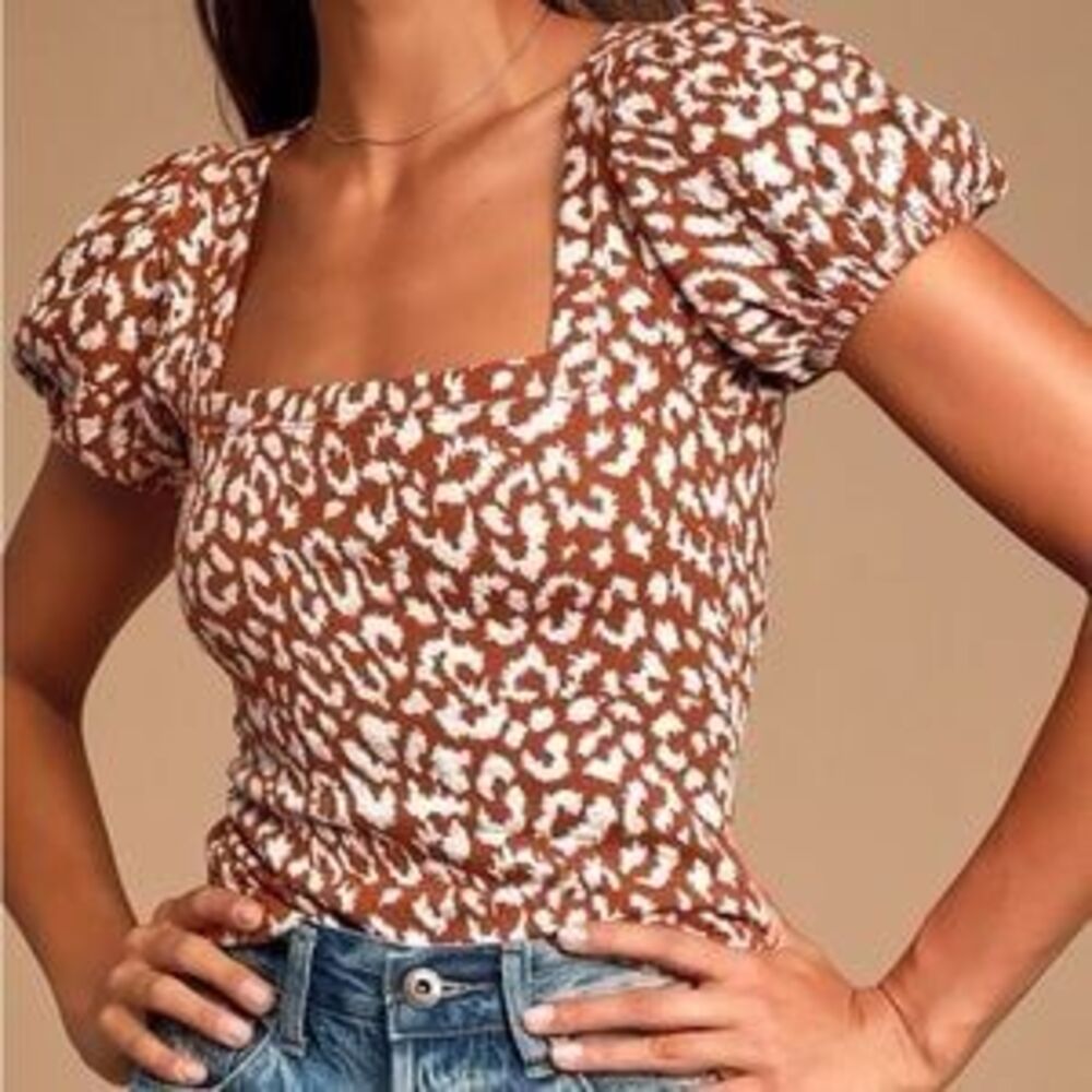 Free People No Type Brown Leopard Print Puff Sleeve Tee
